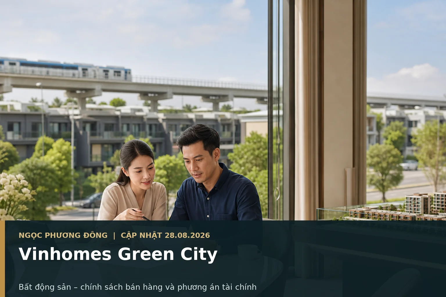 Khách hàng xem chính sách bán hàng và phương án tài chính tại một không gian tư vấn bất động sản cao cấp