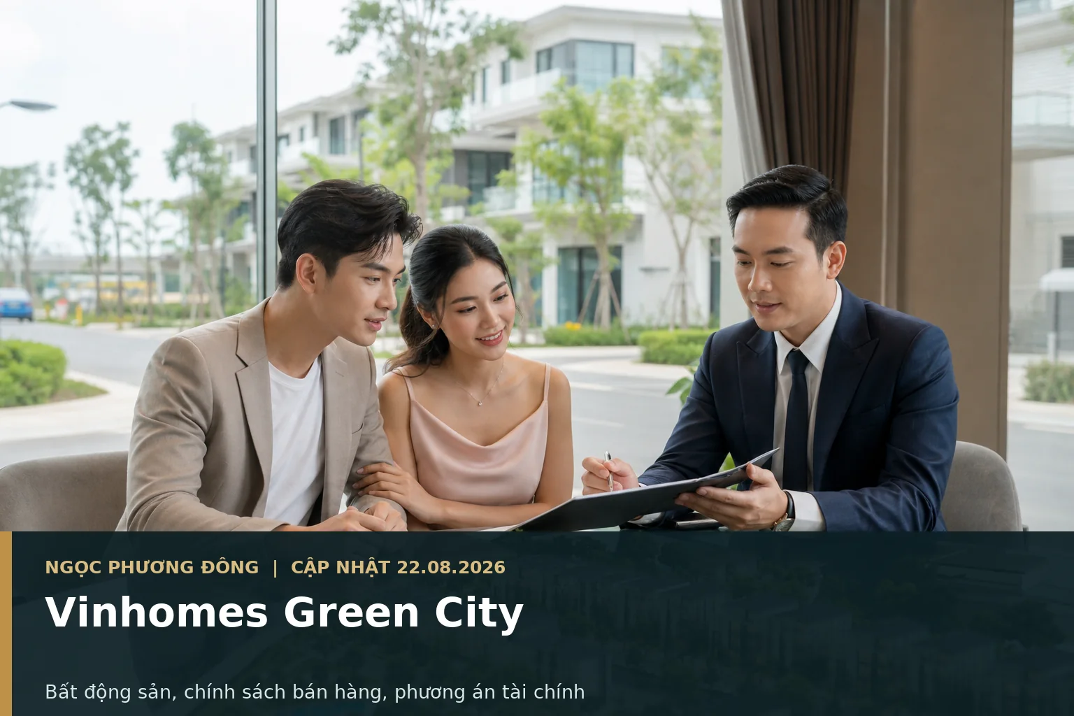 Khách hàng và tư vấn viên xem phương án tài chính tại một dự án đô thị thấp tầng cao cấp ở phía Tây TP.HCM