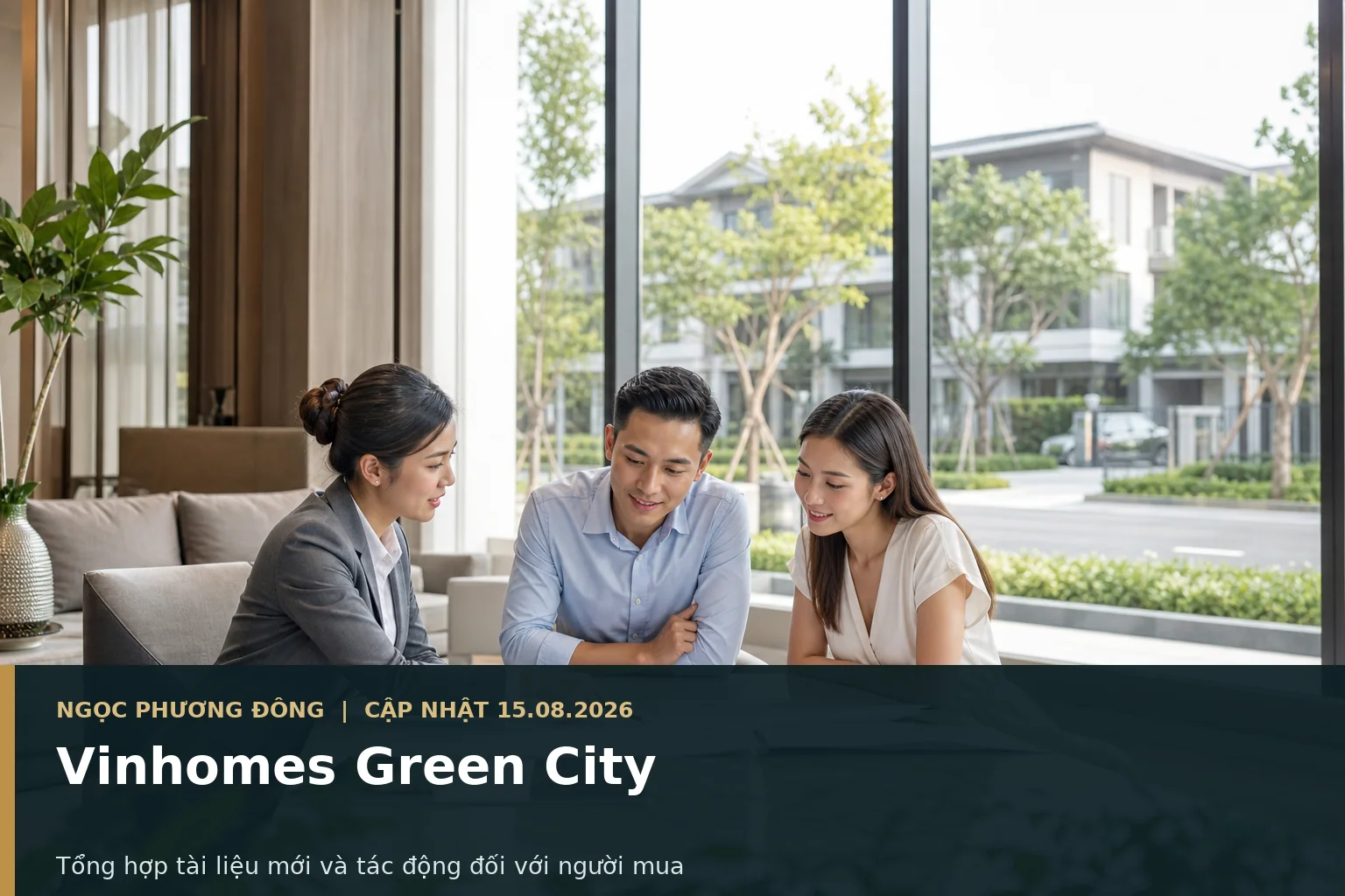 Khách mua nhà đang xem hồ sơ dự án Vinhomes Green City trong không gian tư vấn cao cấp