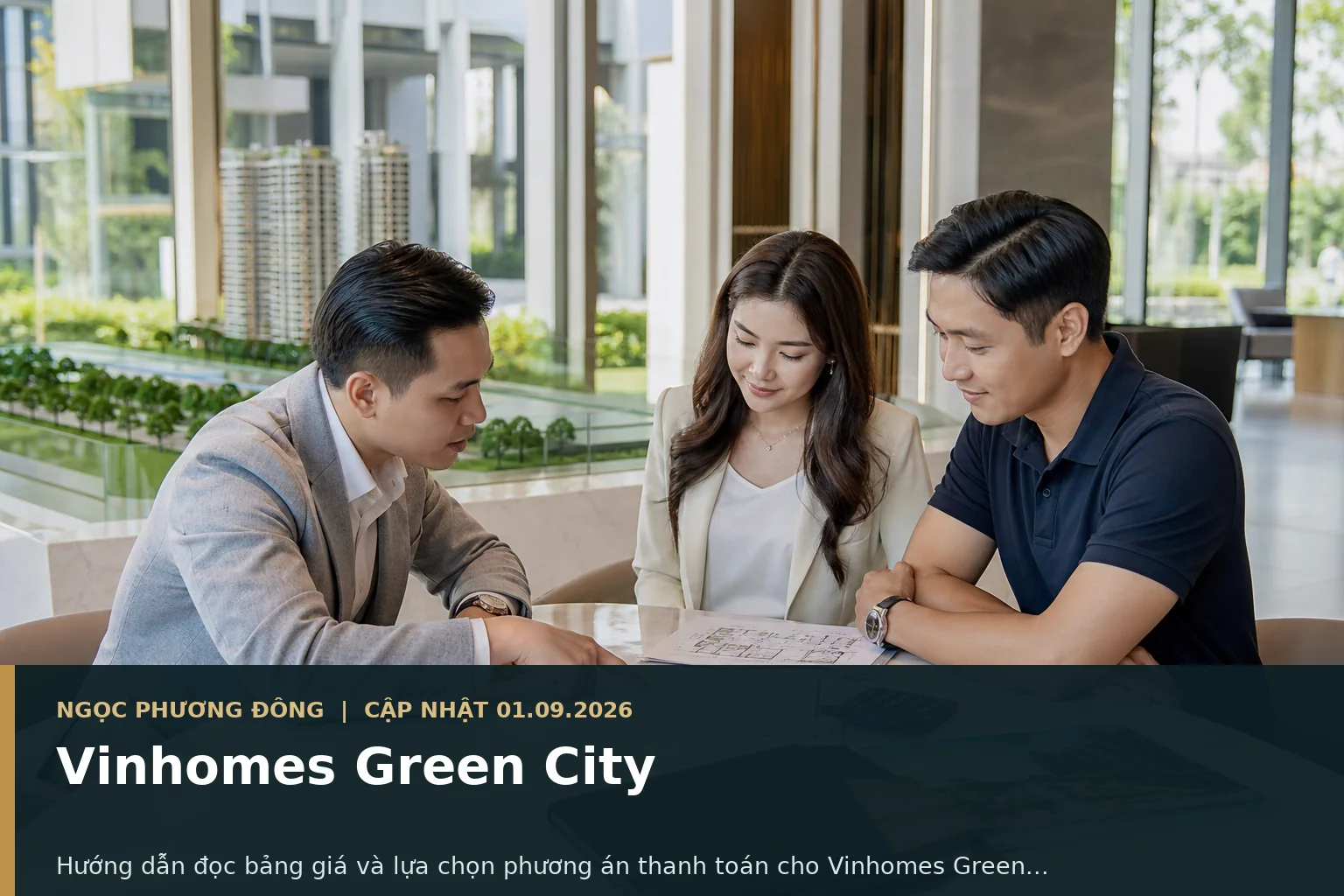 Nhân viên tư vấn bất động sản giải thích bảng giá và phương án thanh toán cho khách hàng tại bàn tư vấn hiện đại