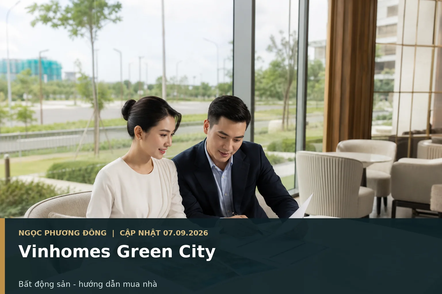 Khách hàng xem bảng giá và phương án thanh toán bất động sản trong không gian bán hàng cao cấp